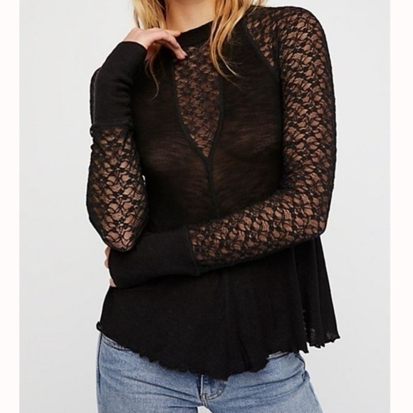 Free People Tops - Free People No Limits High Sheer Lace Long sleeve Top Black Size Small